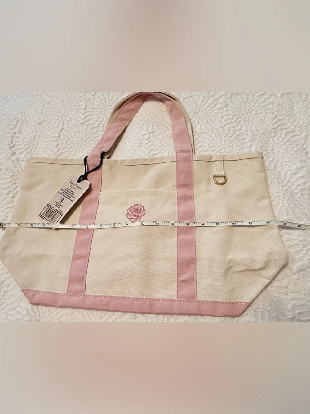 Tote bag- GC Design - white pink w/embroidered rose.  NEW w/tags. 11x18x6.5